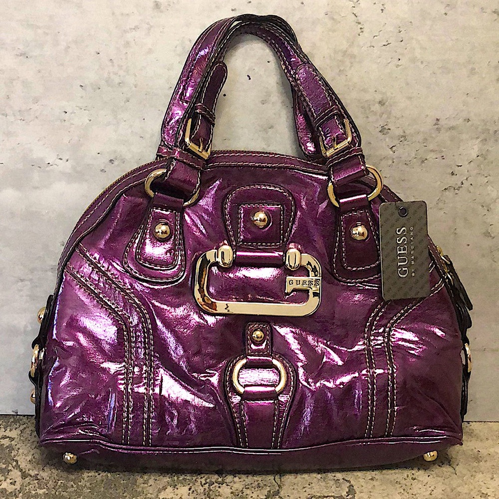 Guess Purple Metallic Bowler Purse With Tags